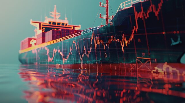 A striking image depicting a cargo ship overlaid with digital data graphs, emphasizing the fusion of maritime transport and technology.
