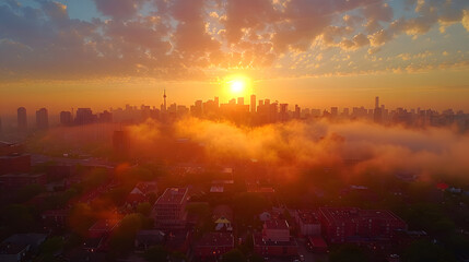 Sunrise over a bustling cityscape