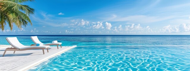 Fototapeta premium A pair of lounge chairs sits at the pool's edge, facing the ocean A palm tree stands prominently in the foreground