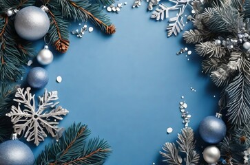 Christmas frame. blue xmas background with pine tree branches silver snowflakes balls garland. Frame greeting card template banner mockup.