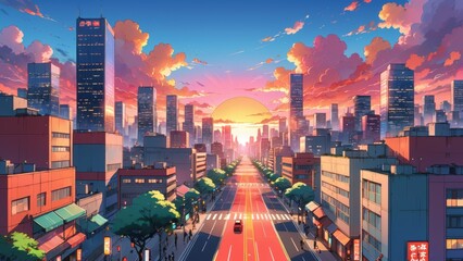 A stunning urban cityscape featuring towering skyscrapers against a colorful sunset sky. The empty streets reflect the warm hues of the sunset. Anime art style
