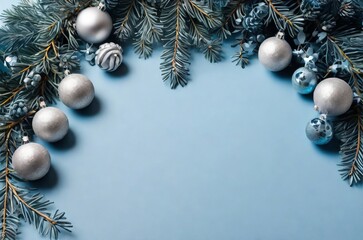 Christmas frame. blue xmas background with pine tree branches silver snowflakes balls garland. Frame greeting card template banner mockup.