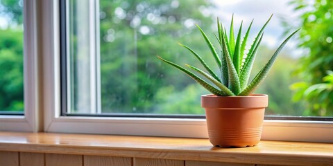 Aloe vera plant in small pot on a windowsill, succulent, green, houseplant, indoor gardening, potted plant, natural remedy