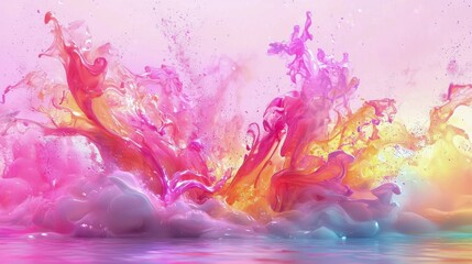 Obraz premium Vibrant splash of pink and orange liquid creating dynamic patterns against a soft pastel background.