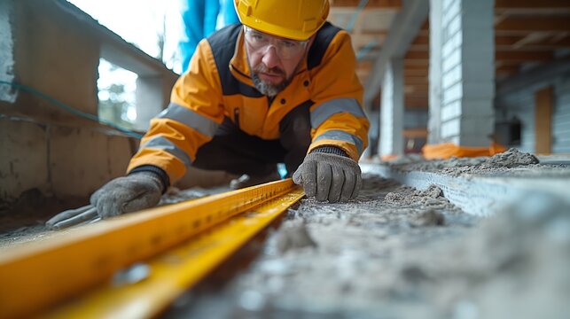 A focused construction worker in a yellow helmet and jacket uses a bubble level to ensure precision during building installation.