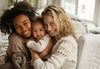 two happy girls with their little baby at home. national adoption month.
