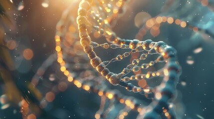 A close-up of a DNA strand illuminated by warm, golden light, emphasizing its intricate structure and beauty amid a bokeh background.