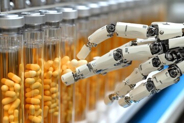 Robotic arm placing yellow capsules in transparent tubes representing the precision and automation of pharmaceutical production in a high tech and organized industrial environment.