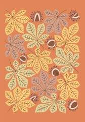 Vintage botanical mid century poster or art print with chestnut leaves and nut. Hippie 60s, 70s style. Isolated leaves in nostalgic style