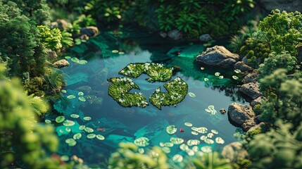 
An abstract icon depicting an ecological message to recycle and reuse, designed as a pond with a recycling symbol at its center, set against the backdrop of a pristine, untouched jungle