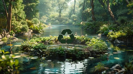 
An abstract icon depicting an ecological message to recycle and reuse, designed as a pond with a recycling symbol at its center, set against the backdrop of a pristine, untouched jungle