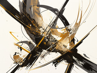Obraz premium An abstract artwork featuring dynamic brush strokes in black and gold, creating a striking visual composition that captures movement and energy.