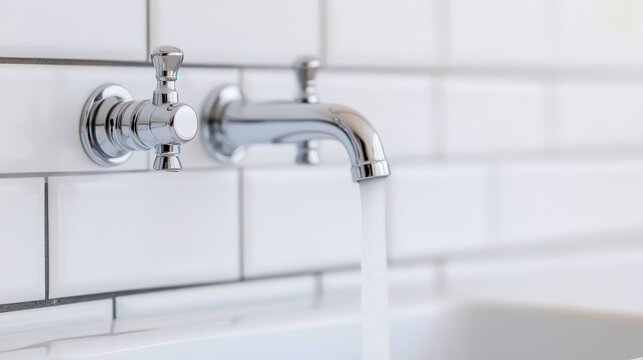 A close-up view of a modern chrome faucet with running water against a white tiled background, showcasing cleanliness and style.