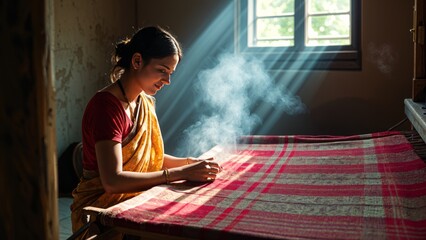 Traditional Indian weaver crafting on handloom in village settingries.