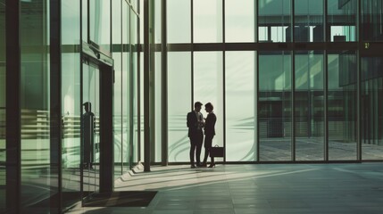 Fototapeta premium Two people in professional attire having a conversation in a modern glass building with reflections and a spacious, sunlit interior.
