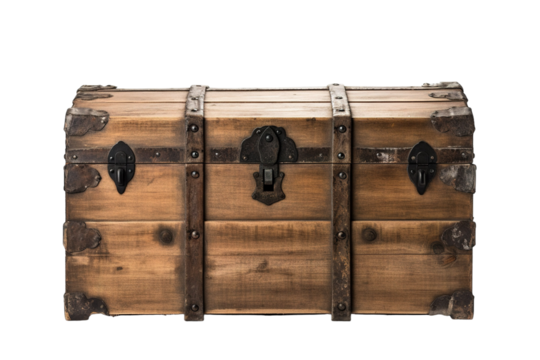 Artfully Crafted Wooden Treasure Chest Adorned With Metal Accents Ready for Adventurous Imagination on Transparent PNG Background..