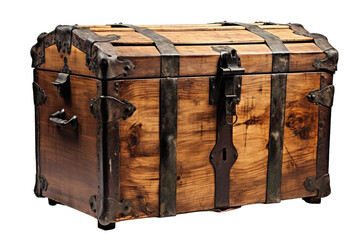 Rustic Wooden Treasure Chest Adorned With Metal Straps in Warm Light on Transparent PNG Background..