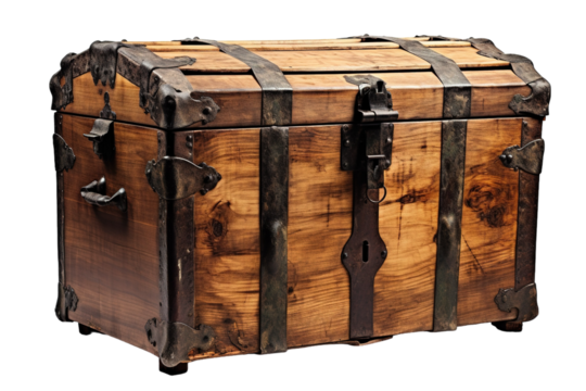 Rustic Wooden Treasure Chest Adorned With Metal Straps in Warm Light on Transparent PNG Background..