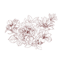 Hand drawn pencil graphics illustration bouquet of vintage flowers