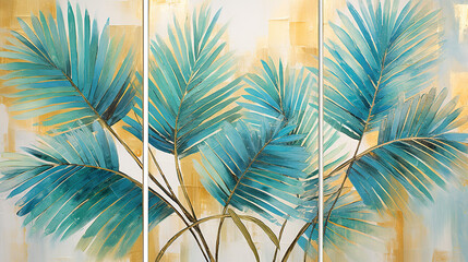 Abstract flowers and tropical leaves in blue and gold tones, triptych