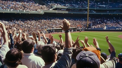 A packed stadium filled with enthusiastic fans raising their hands, capturing the excitement of a live sporting event.