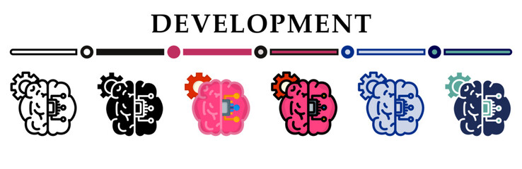 Development icons set. 6 Various styles. For sign, symbol, element, presentation, infographic or web graphics. Vector Illustration.