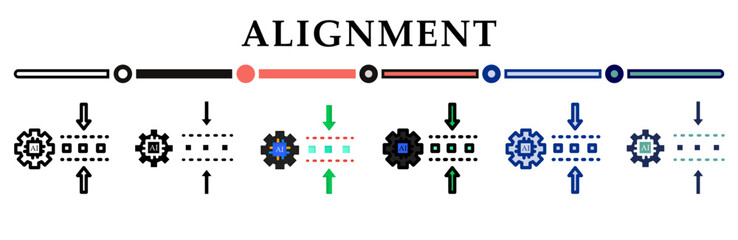 Alignment icons set. 6 Various styles. For sign, symbol, element, presentation, infographic or web graphics. Vector Illustration.