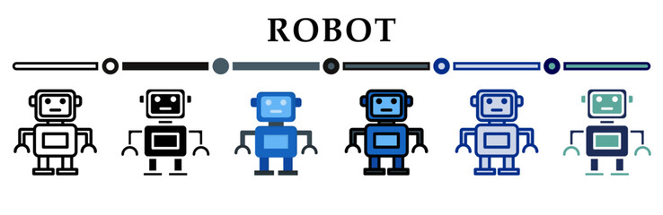 Obraz premium Robot icons set. 6 Various styles. For sign, symbol, element, presentation, infographic or web graphics. Vector Illustration.