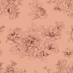 Hand drawn pencil graphic illustration seamless pattern of vintage flowers