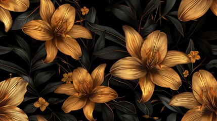 A vintage luxury seamless floral background featuring golden amaryllis lilies. This romantic pattern serves as a template for wall decor, wallpaper, wedding invitations, ceremonies, and cards