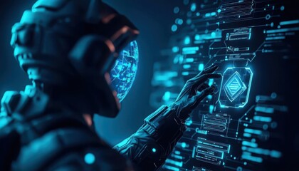 Fototapeta premium A person in a futuristic suit interacting with holographic VPN interfaces, glowing blue, scifi style, digital art, copy space, focus cover all object, deep dept of field