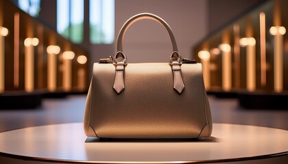 A close-up of a luxury handbag on a display pedestal.