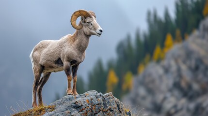 A bighorn sheep stands proudly on a rocky ledge, overlooking a misty mountain forest.