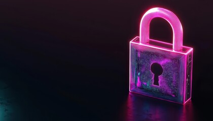 An illustration of a digital lock with holographic data encryption visuals, futuristic, high contrast, vibrant neon colors, copy space, focus cover all object, deep dept of field