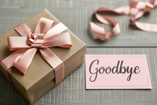 Close-up of a beautifully wrapped gift box with a pink ribbon and a "Goodbye" card, symbolizing farewell and appreciation.