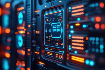 Obraz premium A futuristic room filled with holographic VPN interfaces and secure data visuals, cyberpunk, dim lighting, digital art, copy space, focus cover all object, deep dept of field