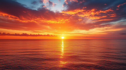 Sunrise over the sea, orange-red sky with light clouds