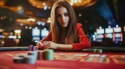 Fototapeta premium Woman Dealer Standing by Casino Table Playing Poker and Roulette