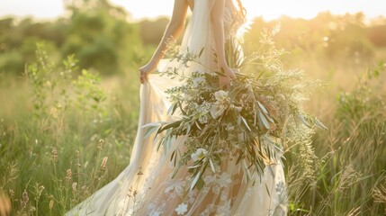 A bride in an ethereal, flowing gown carries her olive branch bouquet through the sunlit meadow, creating a dreamy and romantic atmosphere for their wedding ceremony decor.