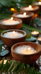 Fototapeta premium Soft candlelight flickers around bowls of salt, creating a serene spa setting perfect for relaxation and rejuvenation