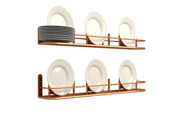 Elegant Copper Plate Rack Displaying White Dinner Plates in a Modern Kitchen Setting on Transparent PNG Background..