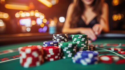 Naklejka premium Woman Dealer Standing by Casino Table Playing Poker and Roulette