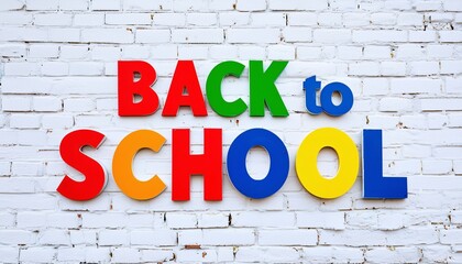 Obraz premium Vibrant 'Back to School' Text on a White Brick Wall, Festive and Colorful 