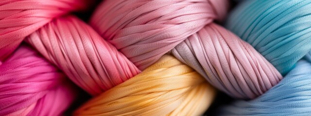  A close-up view of multicolored yarn skeins, arranged neatly together