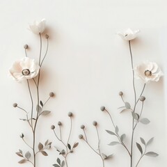 Delicate white flowers and leafy stems arranged artistically against a light background