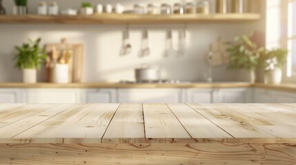White table and wood desk with blurred light for product display and kitchen banner