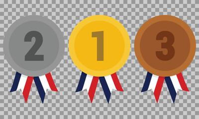 Gold medal, silver medal and bronze medal with ribbons in colors of French flag. Flat style medals on grid background. Vector award medal set