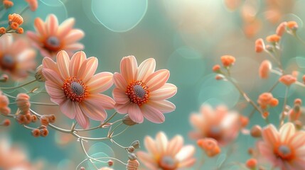 A light pastel color floral background with an array of flowers in soft focus, capturing the essence of a blooming garden in spring, with subtle hints of light green and peach 