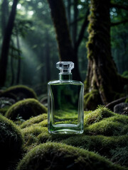Clear bottle of perfume with green liquid inside, resting on bed of moss. Generative AI
