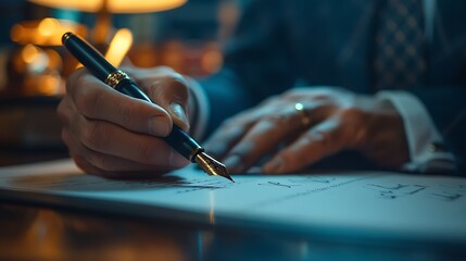 A close-up shot of a hand signing a formal legal document, elegant fountain pen in hand, law firm logo faintly visible in the background, professional office setting, dark wooden desk,